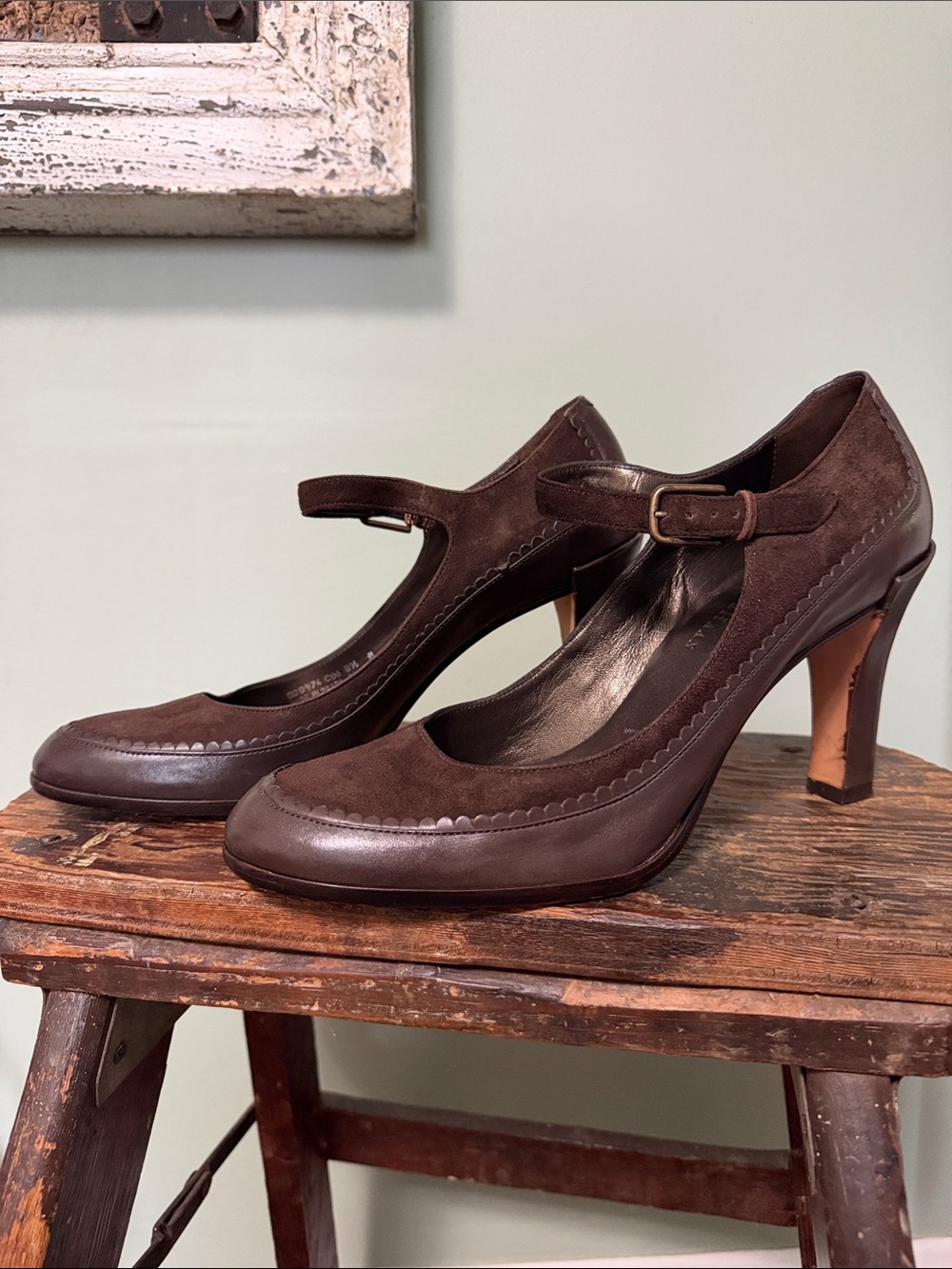 Cole Haan Dark Brown Suede & Leather Scallop Trim Mary Jane Heels